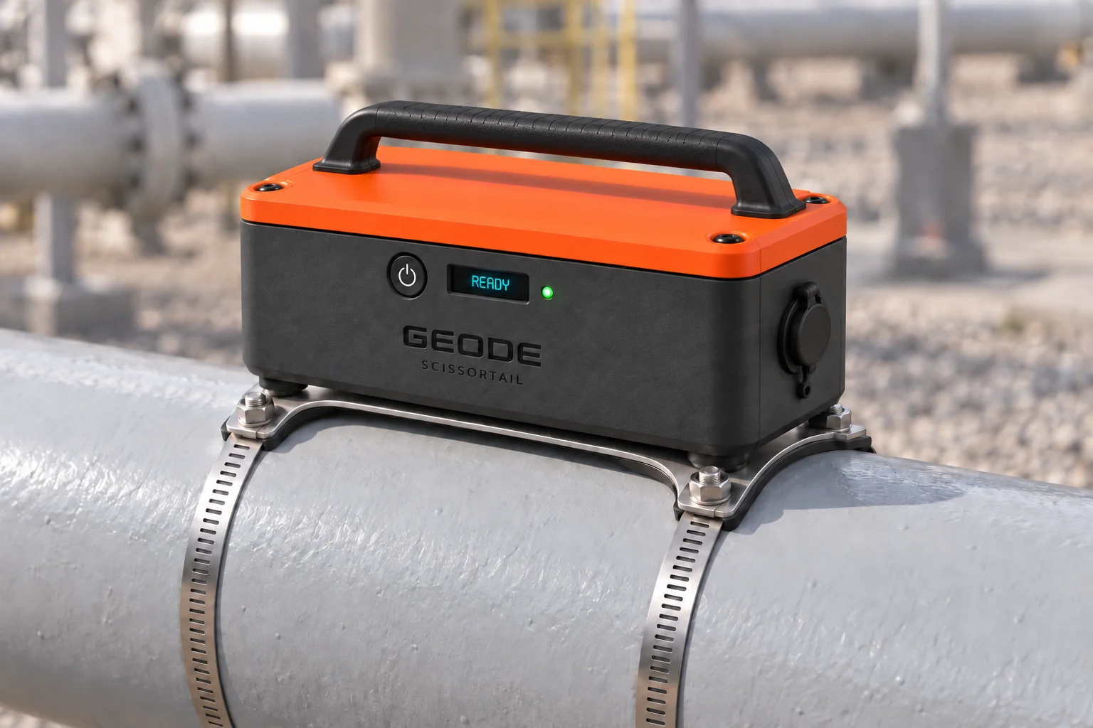 Geode mounted directly on a horizontal pipeline using a compact stainless saddle and two bands around the pipe