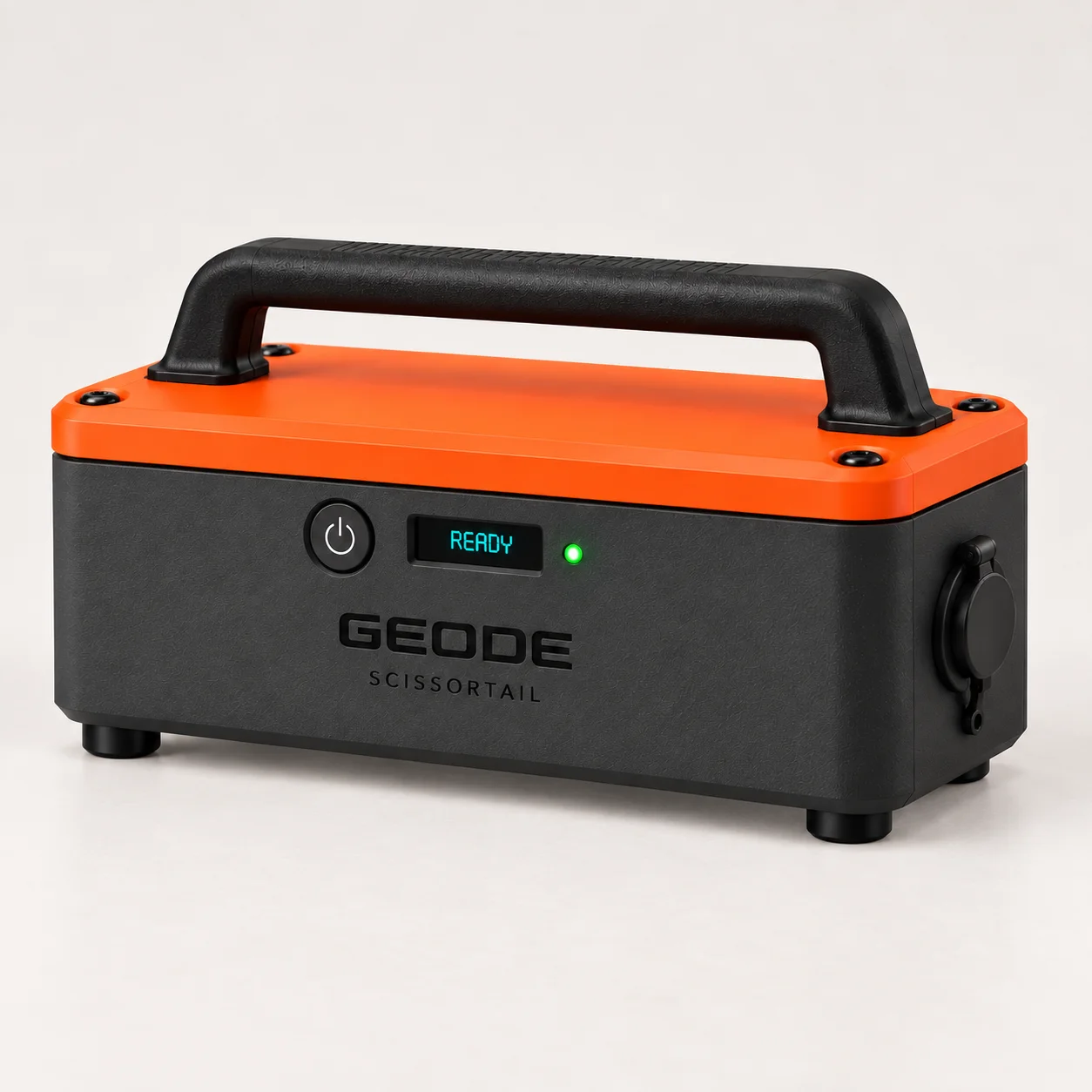 Portable Geode resting on small black feet with a fixed full-width carry handle and orange lid